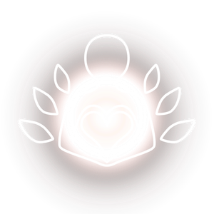 Outline of a meditating person with leaves around the head, glowing light, symbolizing peace and mindfulness.