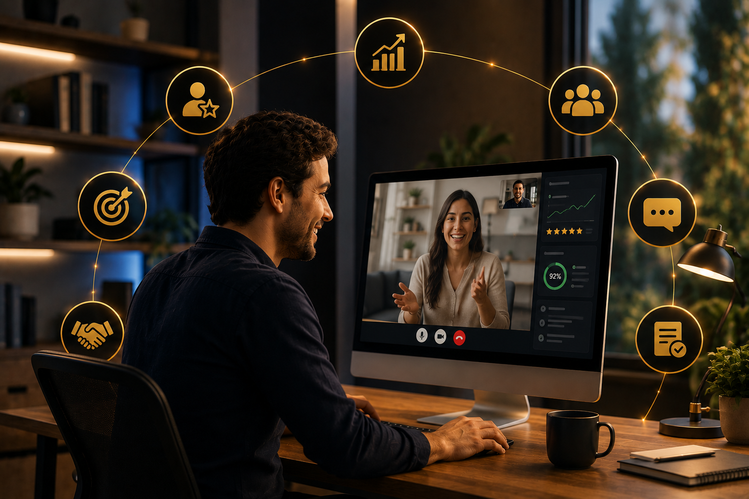 Hombre en videollamada con mujer en computadora, icons sobre crecimiento, resultados y comunicación alrededor.