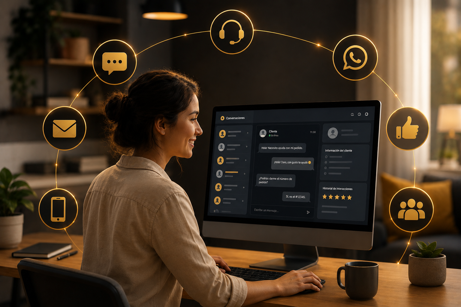 Una mujer atendiendo clientes a través de una videollamada en una pantalla de computadora, en un entorno de oficina con iconos de comunicación digital alrededor.