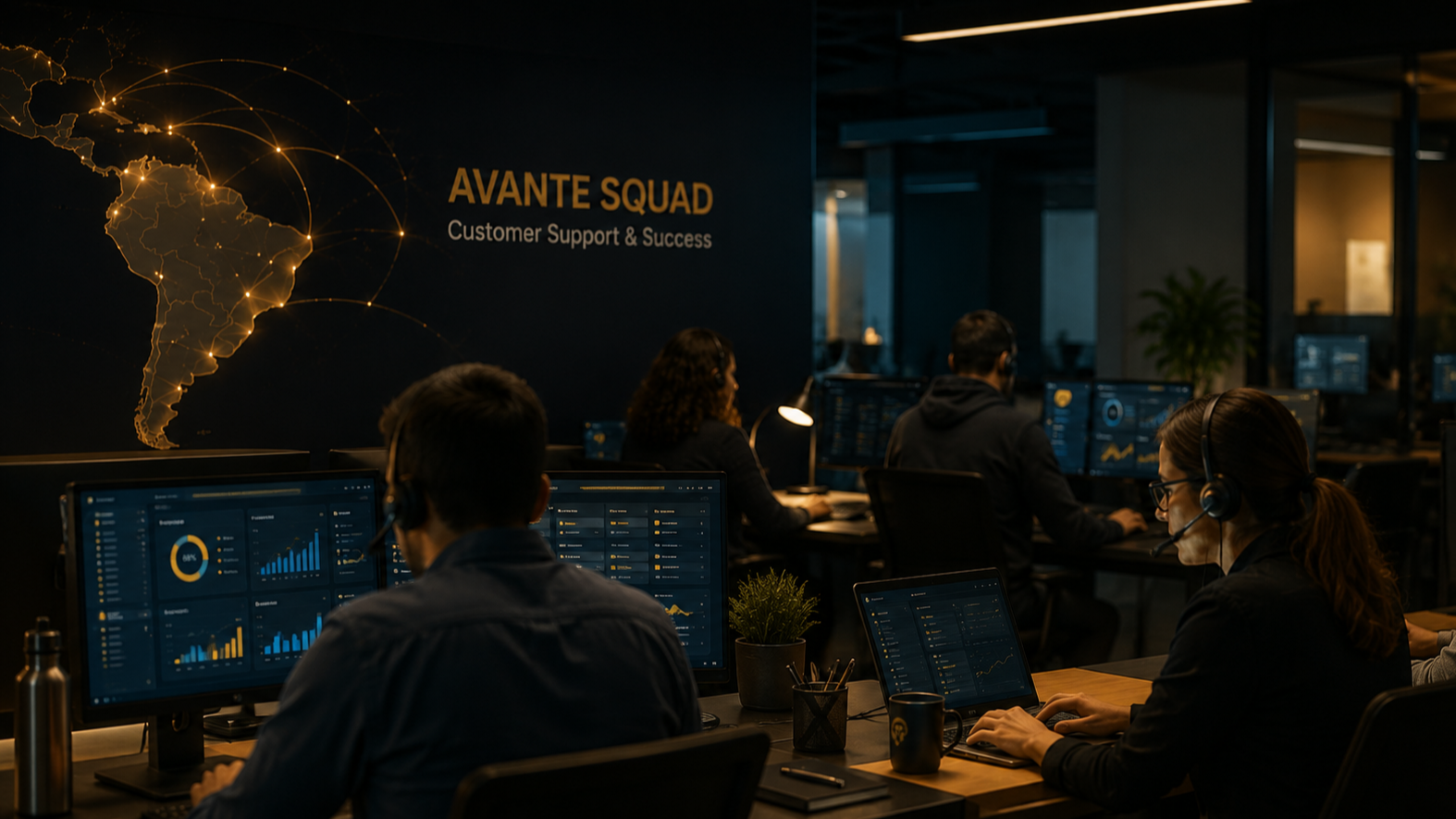 Equipo de soporte y éxito con computadoras en una oficina moderna, fondo con mapa digital de América Latina y texto 'AVANTE SQUAD' y 'Customer Support & Success'.