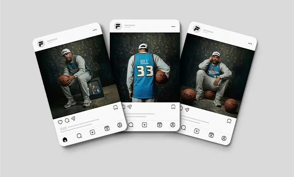 Three Instagram-style photo posts featuring a man in athletic wear with basketballs against a dark background.