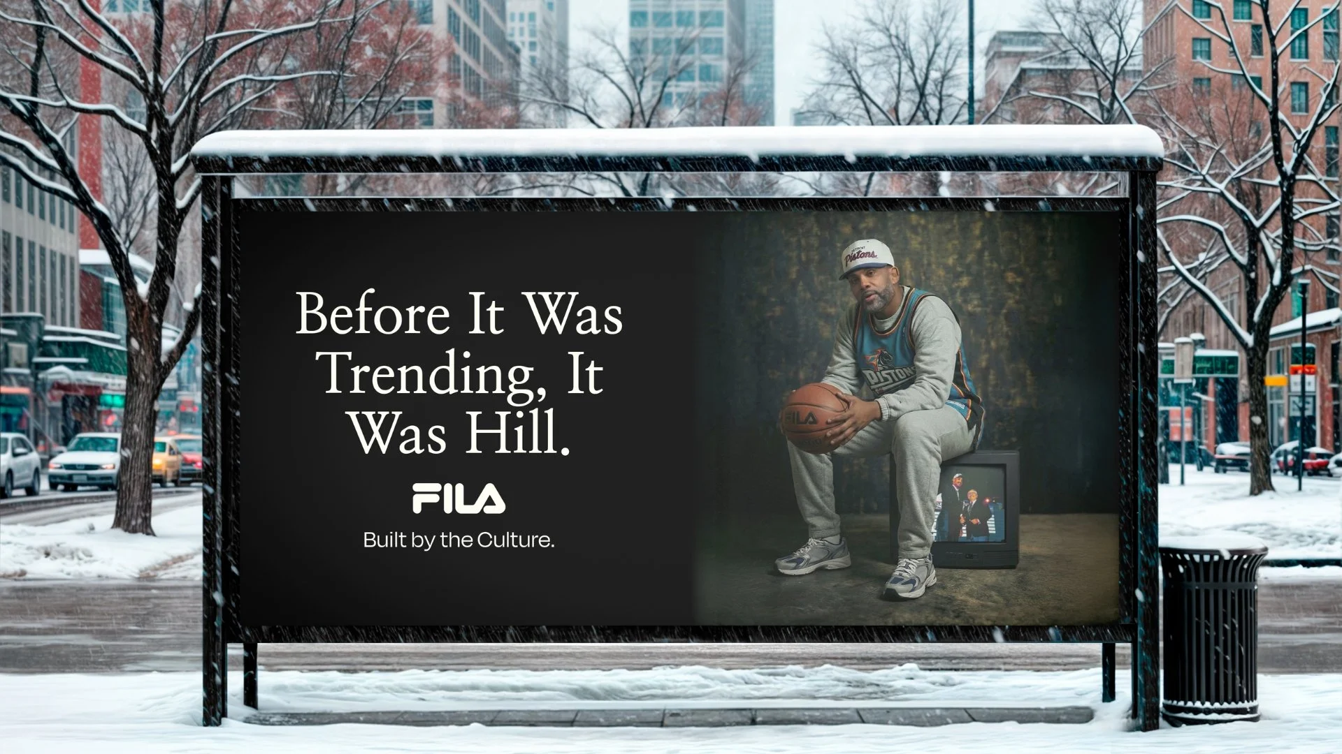 A snow-covered city bus stop with an advertisement for FILA. The ad features a man sitting on a small television box holding a basketball, wearing a baseball cap, grey sweatshirt, and grey sweatpants. The background of the ad is a dark outdoor scene with trees. The advertisement text reads: 'Before It Was Trending, It Was Hill. Built by the Culture.'
