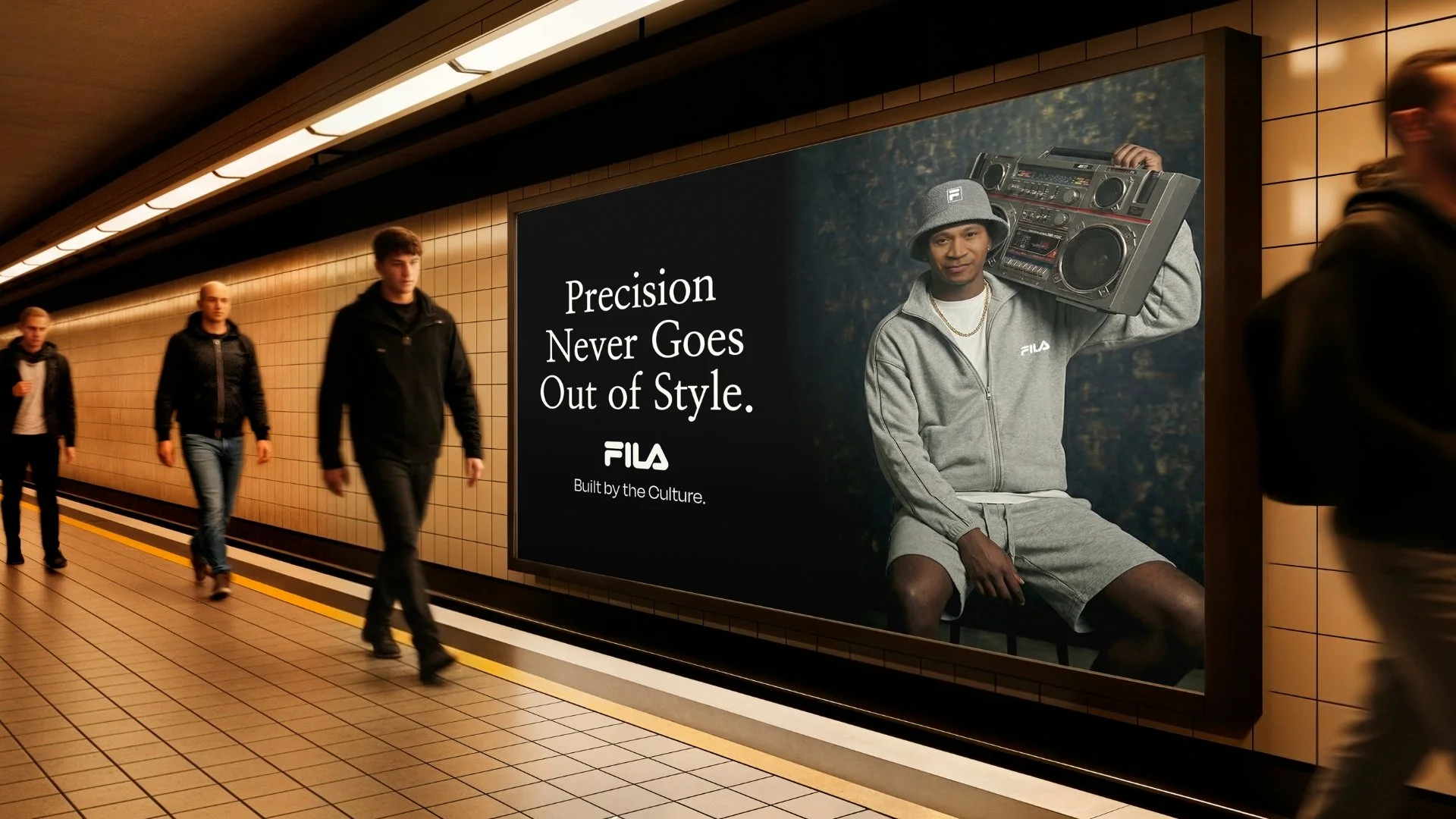 Underground subway station with three people walking past a large black Fila advertisement featuring a man holding a boombox, wearing athletic clothing and a bucket hat, with the slogan "Precision Never Goes Out of Style".