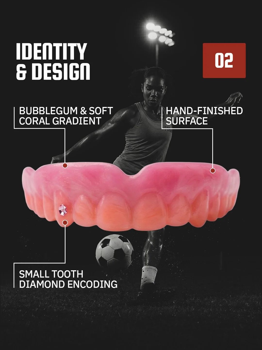 Infographic showing a pink bubblegum with small diamond encoding, bubblegum's bubblegum and soft coral gradient, hand-finished surface, and features an athlete in a sports scene.