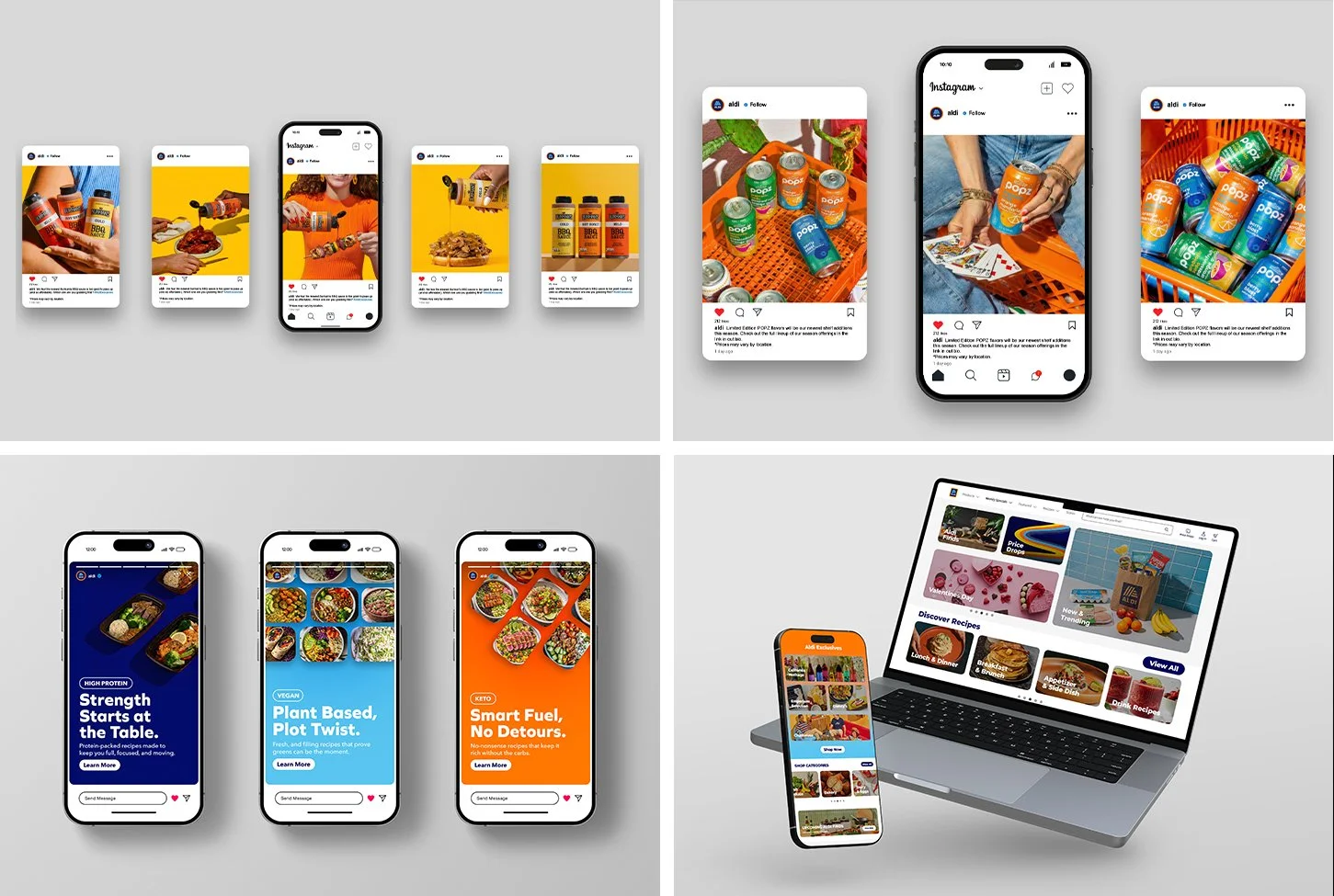 Collection of social media posts showing product advertisements for food and beverages, including canned drinks, condiments, and pre-packaged meals, displayed on smartphones and a laptop.