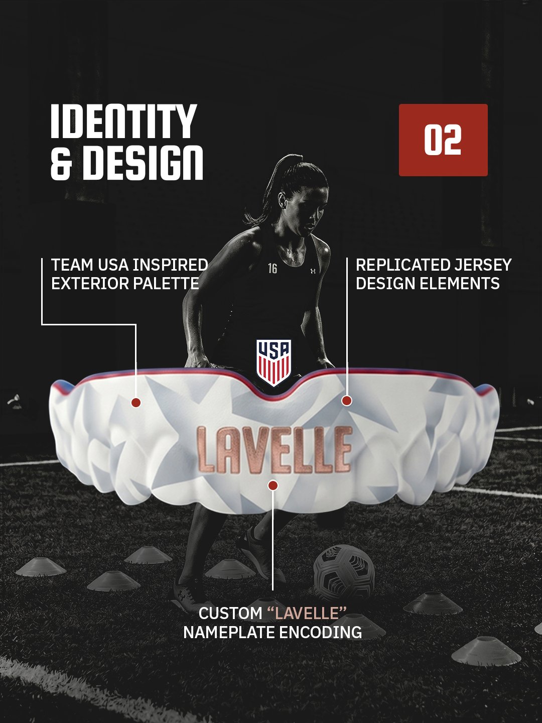 Graphic design presentation featuring a female athlete in black athletic wear, with a focus on sports apparel branding. The image showcases a customized soccer jersey with the text 'LAVELLE' and an American flag-inspired Team USA exterior palette, including jersey design elements and a nameplate encoding, on a black background with a dark field.