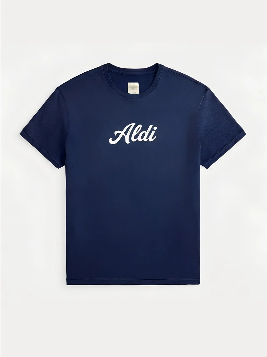 Dark blue T-shirt with white 'Aldi' logo on the front, laid flat against a white background.