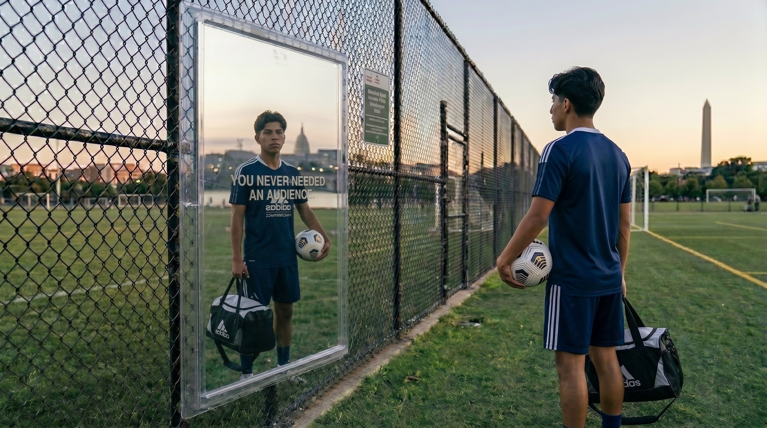 Two young soccer players in blue uniforms with Adidas logos on a soccer field, standing near a fence and a mirror. One is holding a soccer ball, and the other is carrying a sport bag. The mirror reflects one of the players with a sign that says, "You never needed an audience." The background shows the Washington Monument and the U.S. Capitol at sunset.