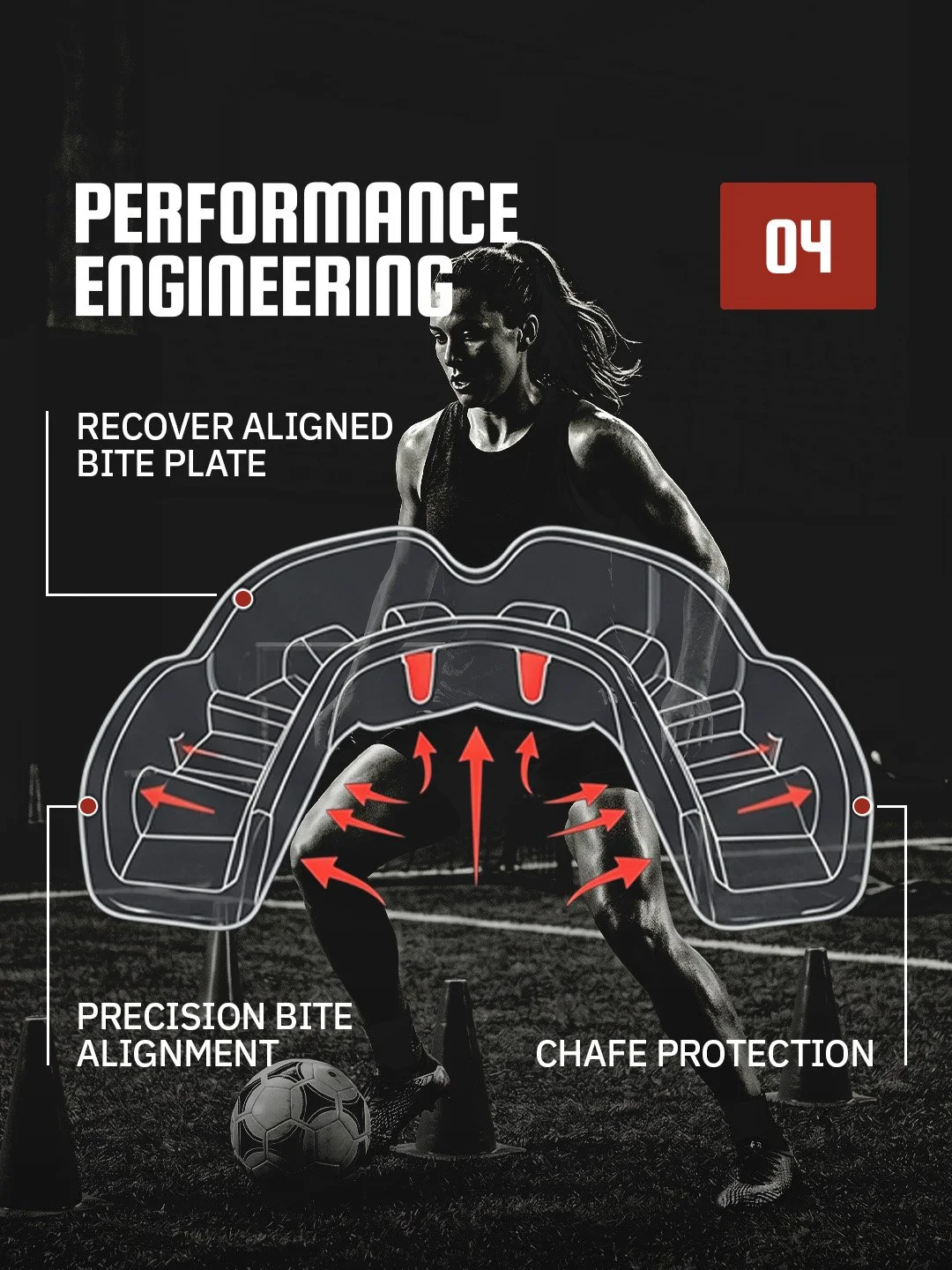 A fitness infographic titled 'Performance Engineering' showing a woman in athletic gear doing a drill with a protective knee brace labeled 'Recover Aligned Bite Plate'. The diagram highlights features like 'Precision Bite Alignment' and 'Chafe Protection'.