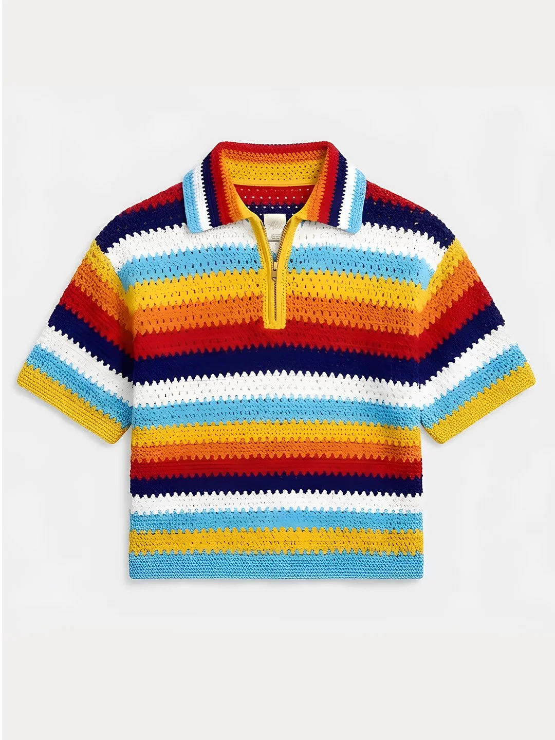 Colorful striped crochet sweater with a yellow zipper and collar