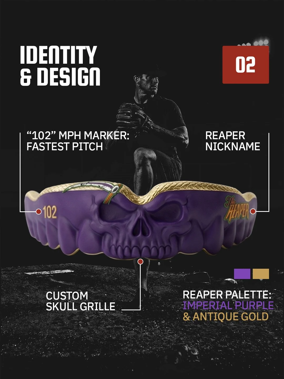 Design concept featuring a purple skull-shaped object with gold and green accents, labeled as 'Reaper' and '102' MPH marker. Text highlights 'Identity & Design' and details about a custom skull grille, '102' MPH marker as the fastest pitch, and 'Reaper' nickname. Color palette includes imperial purple and antique gold, with a black background and a person in athletic attire in the upper part of the image.