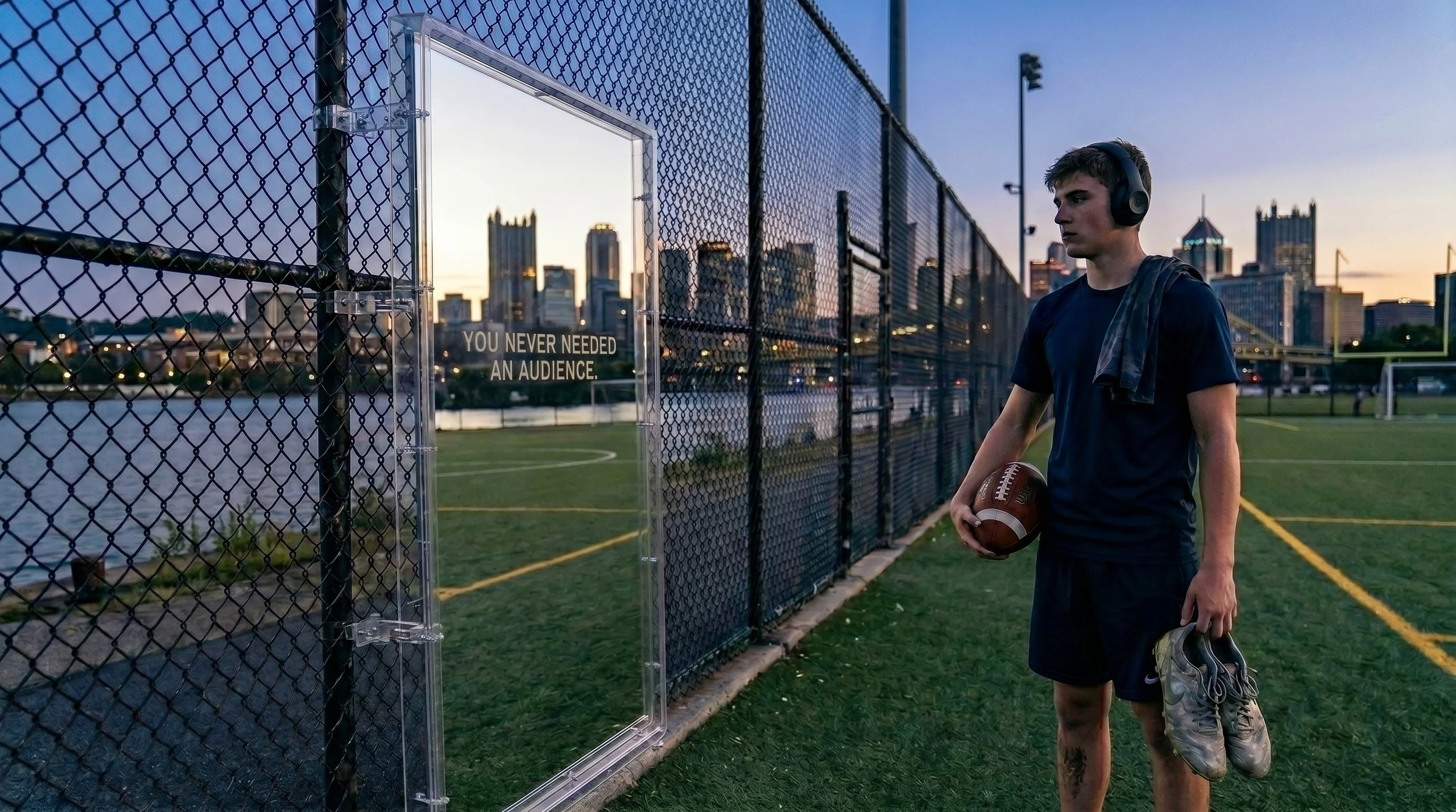 A young man wearing a black shirt, black shorts, and a backpack holding a football in one hand and a pair of shoes in the other stands on a football field at sunset, next to a chain-link fence with a city skyline in the background. A sign on the fence reads, 'You never needed an audience.'