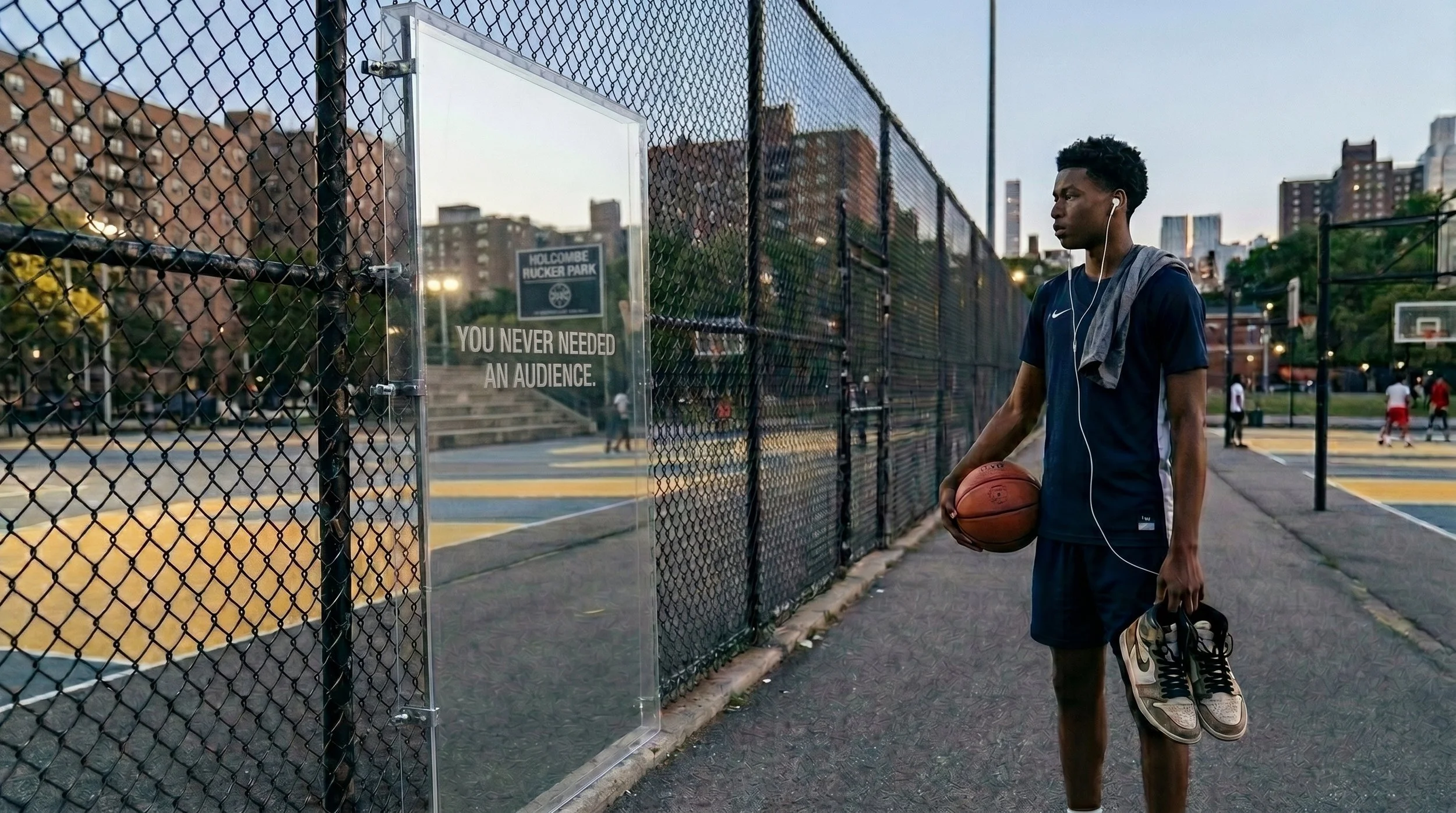 A young man stands on an outdoor basketball court, holding a basketball and a pair of sneakers, with headphones on, near a chain-link fence. In the background, other people are playing basketball, and there are tall apartment buildings.