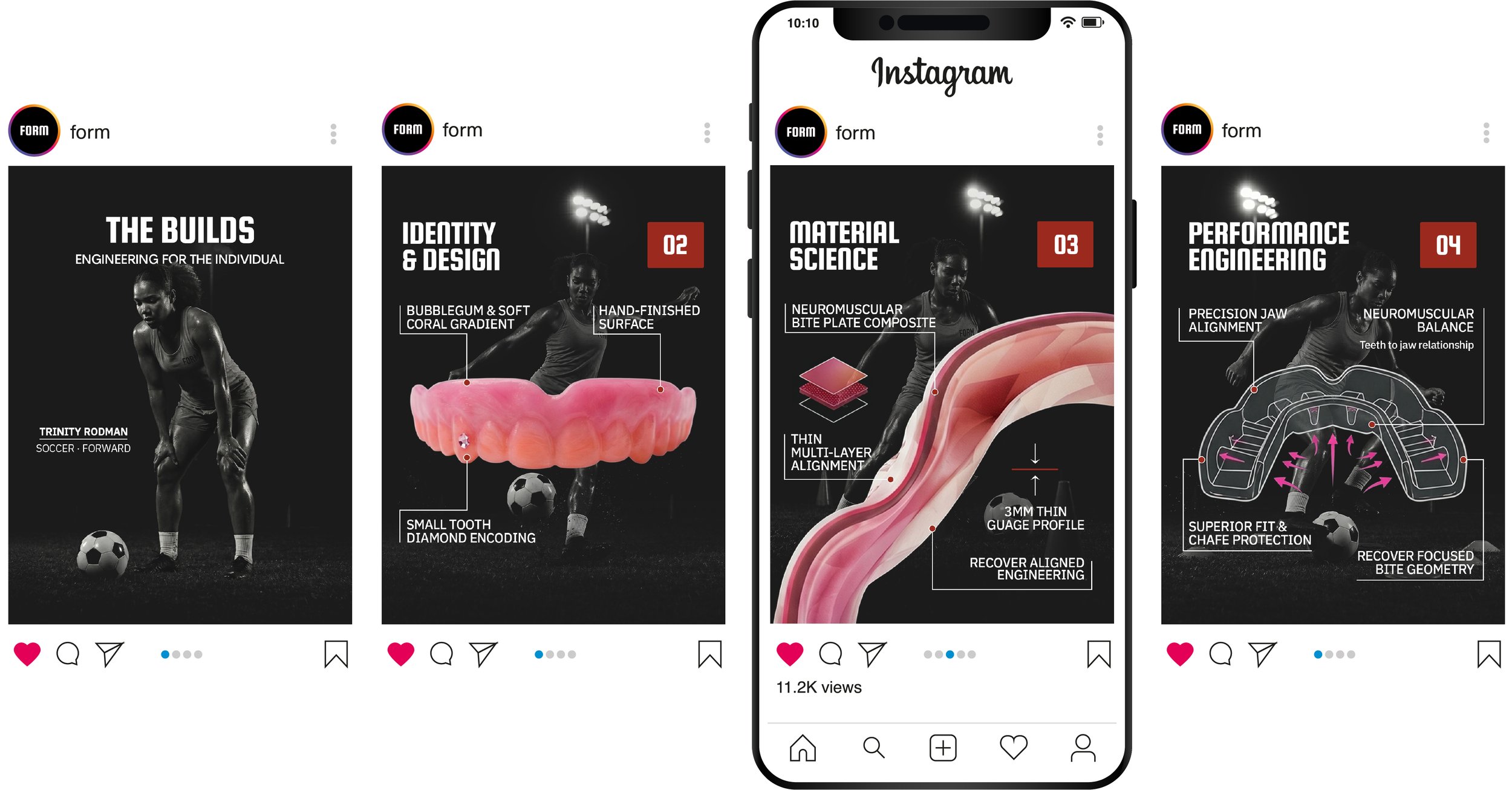 Screenshots of an Instagram post showing four slides about engineering and design, featuring a female athlete with a soccer ball and infographics about material science, performance engineering, and design concepts.