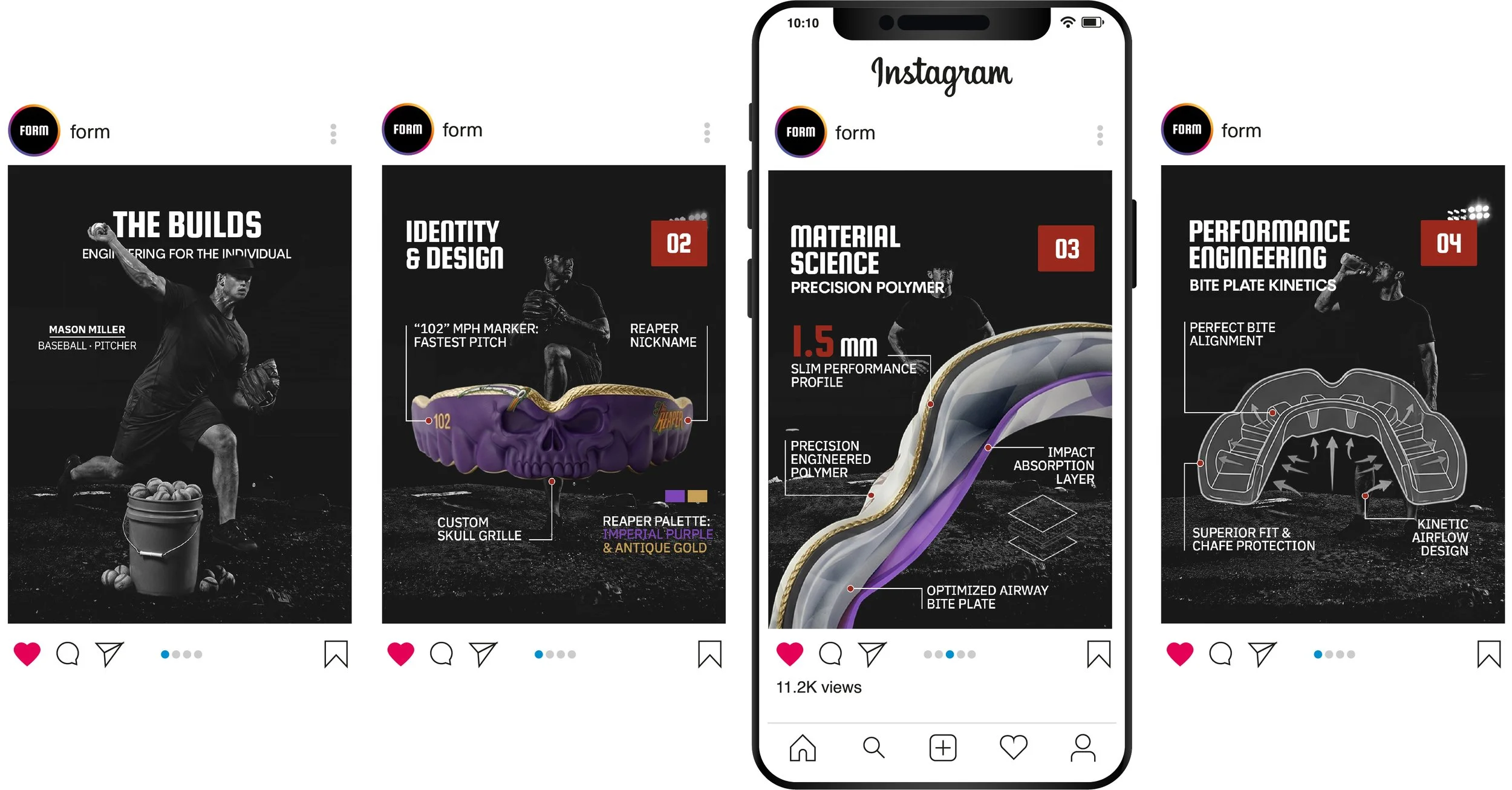 Screenshots of an Instagram post discussing sports equipment, showing four segments with information about a baseball pitcher, a purple skull-shaped sports accessory, a cross-sectional diagram of a material science product, and a detailed technical illustration of a sports helmet.