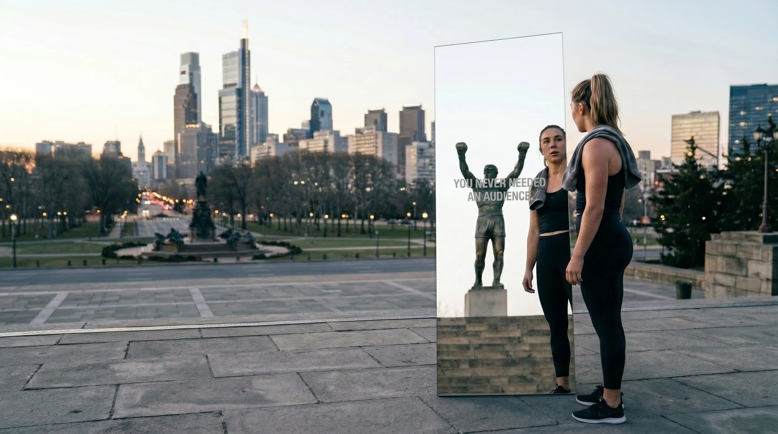 Two women standing in front of an outdoor mirror with a cityscape in the background, including tall buildings and a statue, during sunset or early evening.