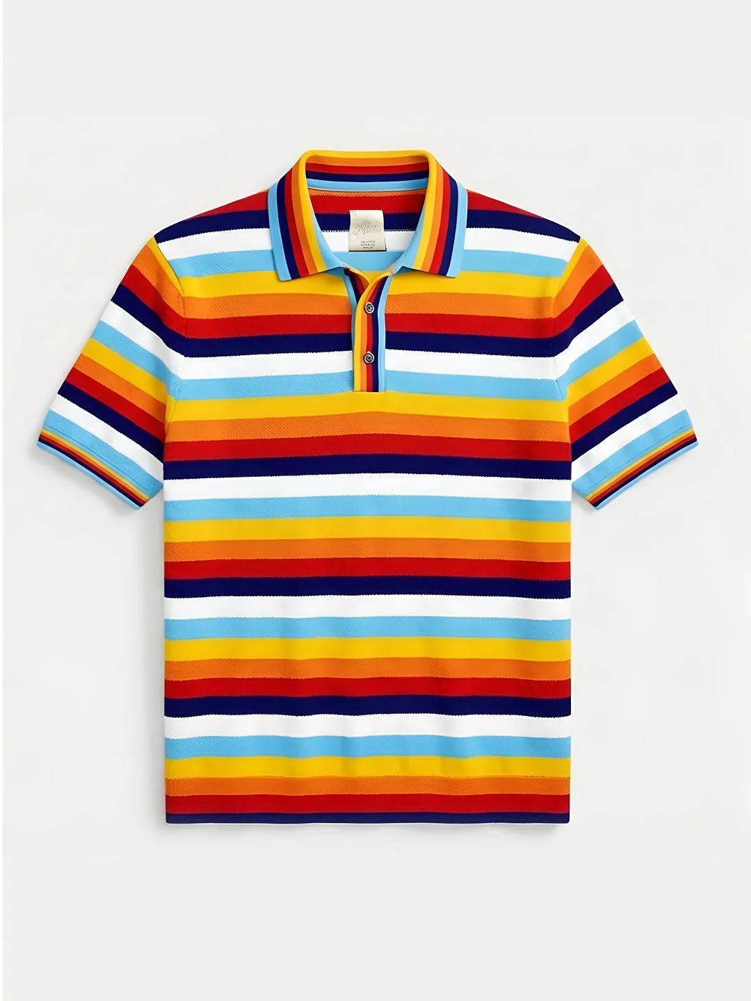 Colorful men's polo shirt with horizontal rainbow stripes in red, yellow, blue, white, and black, displayed against a plain white background.