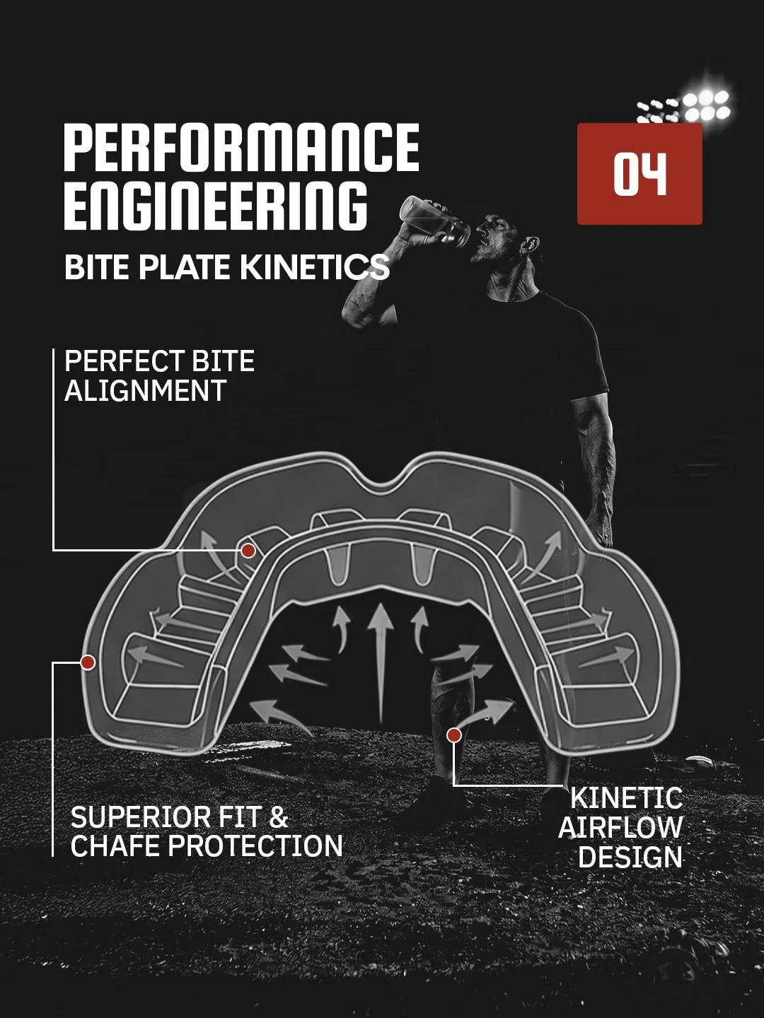 A diagram illustrating performance engineering features of a mouthguard, including perfect bite alignment, superior fit and chafe protection, and kinetic airflow design, with an athlete drinking water in the background under stadium lights.