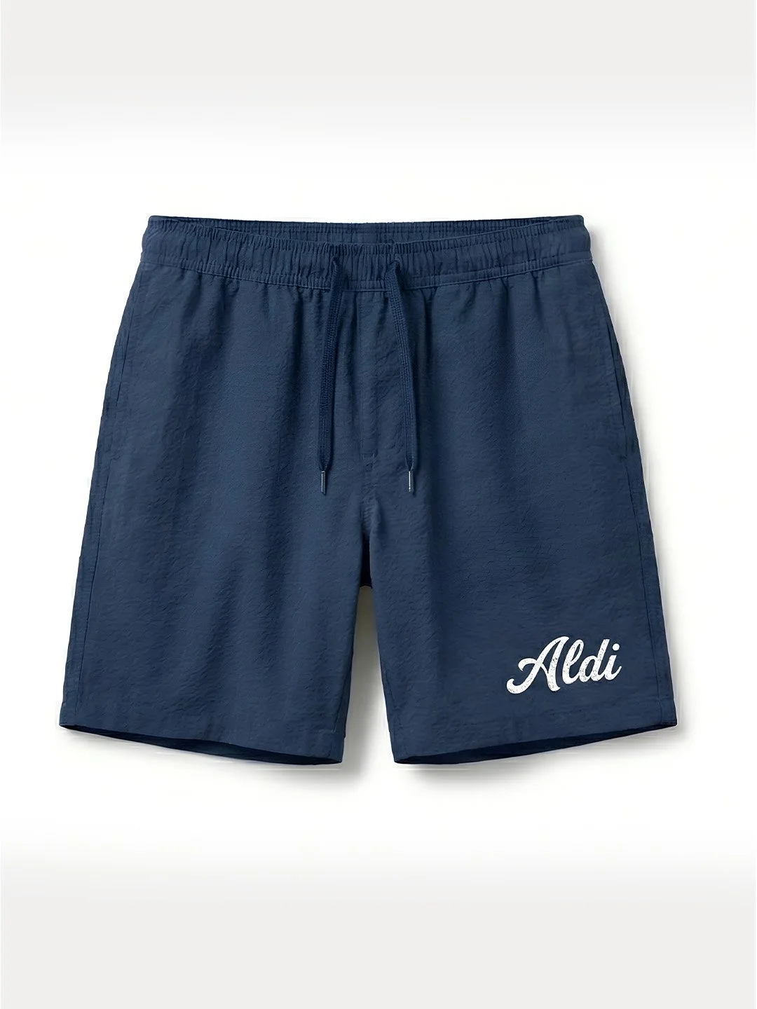 Navy blue athletic shorts with an elastic waistband and drawstring, featuring the white Aldi logo on the lower right leg.