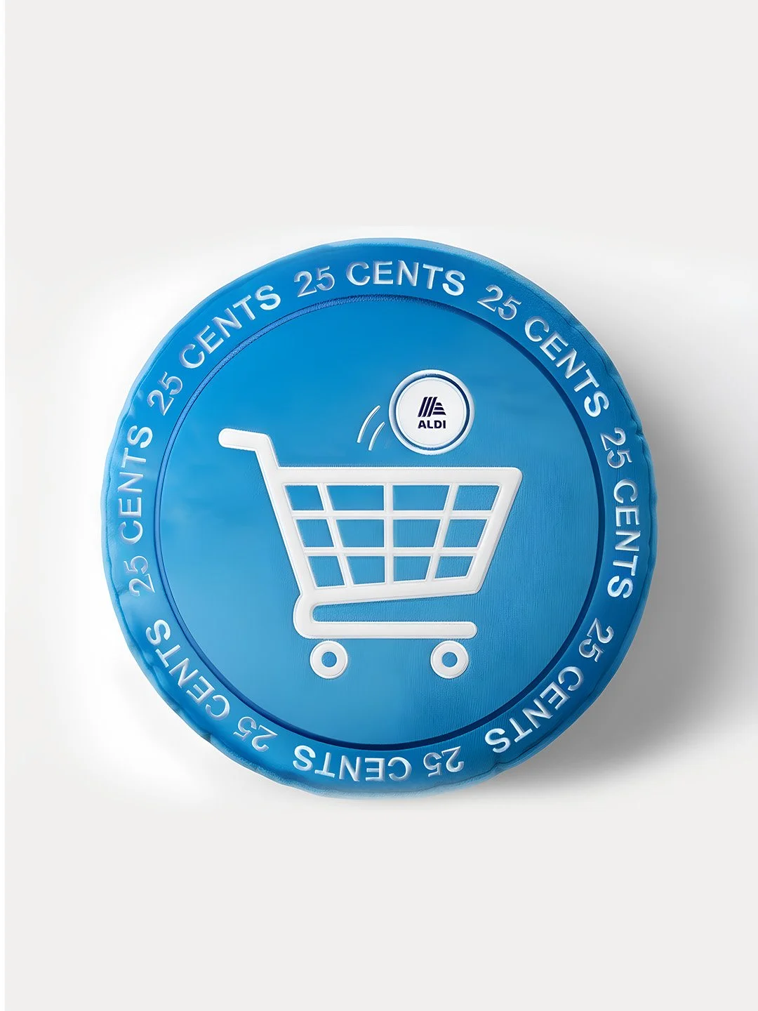 Blue Aldi shopping cart token with 25 cents written around the edge and a shopping cart icon in the center.