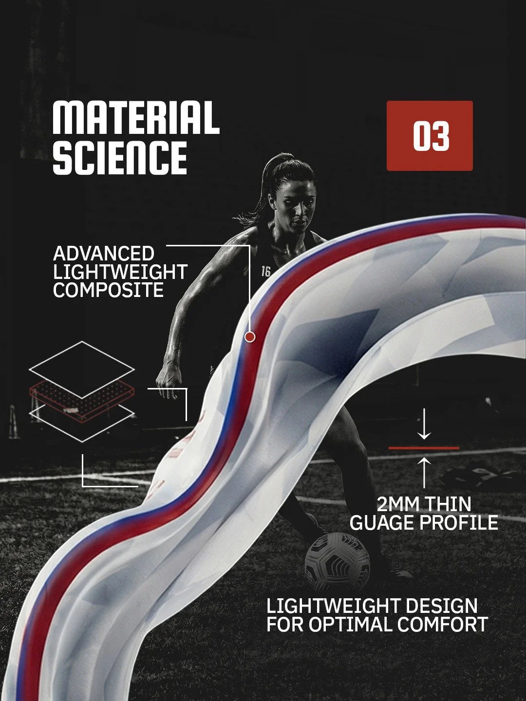 Close-up of a soccer ball with a lightweight, advanced composite design, featuring a 2mm thin gauge profile, overlaid on a black-and-white photo of a female athlete on a soccer field, with informational text about the materials and design.