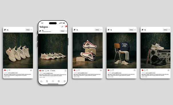 A collage of five images featuring various sneakers, a person sitting on a chair with a hoodie, and a boombox, displayed against a gray background.