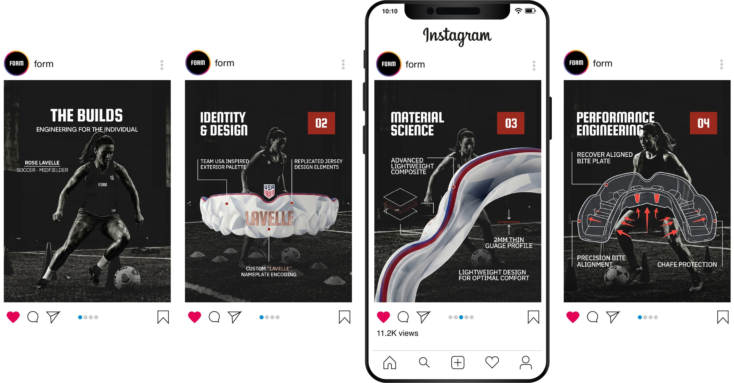 A collage of four social media posts promoting sportswear and sports equipment, displayed on a smartphone screen showing Instagram, with a black background and images of a female athlete, sports shoes, and technical drawings of sports gear.