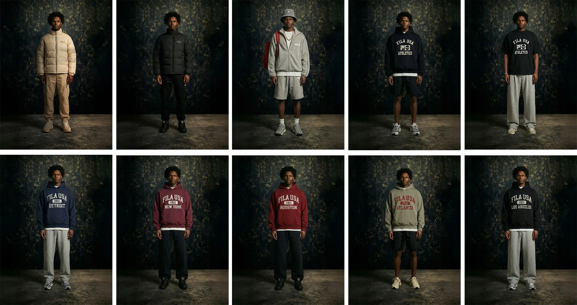 Collage of ten male models wearing different casual sportswear outfits, including puffer jackets, hoodies, sweatshirts, joggers, and sneakers, with a dark textured background.