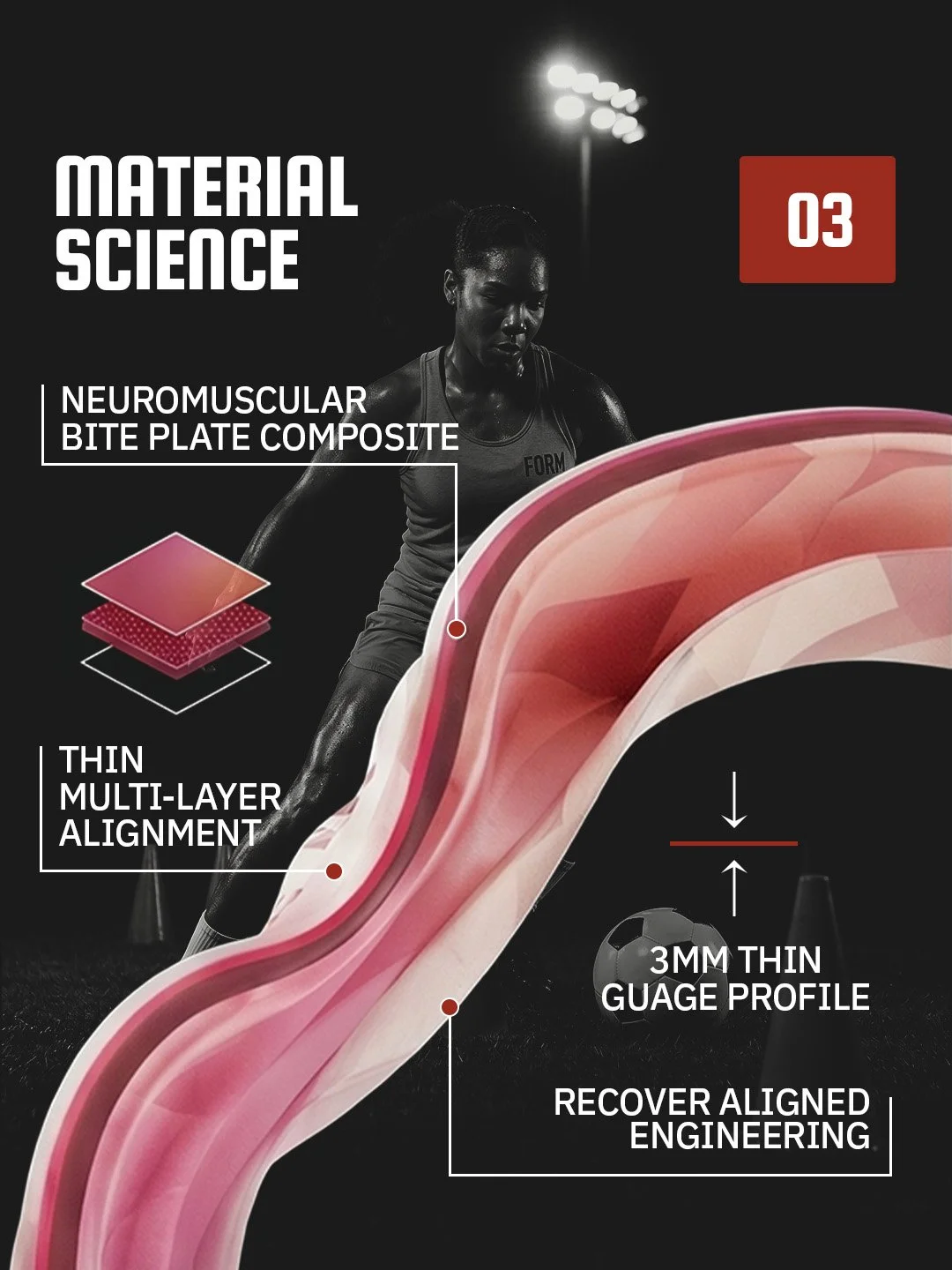 Close-up of a diagram explaining the layers of a neuromuscular bite plate composite, with a woman in the background at a sports field under stadium lights.