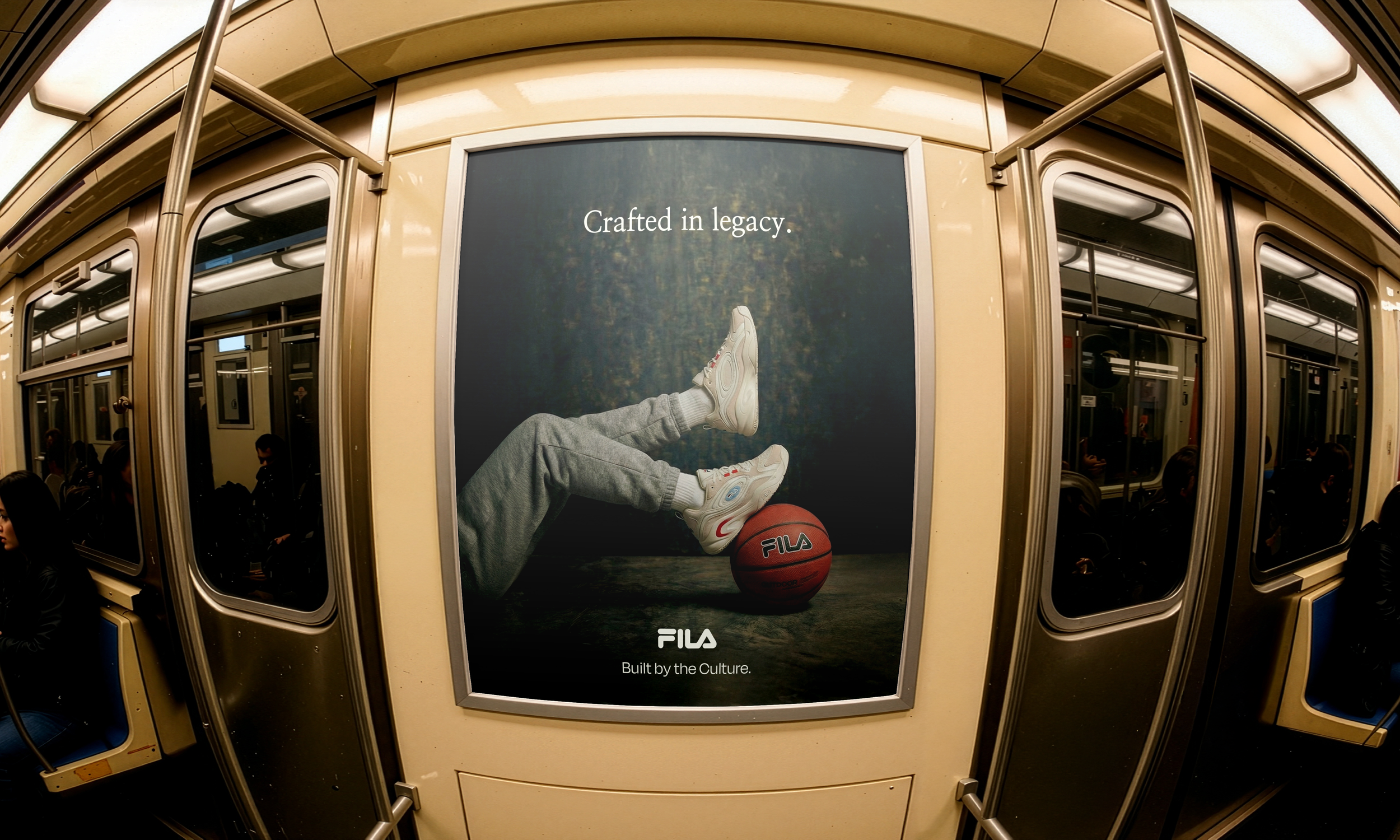Advertisement in a subway station featuring a person’s legs wearing white sneakers resting on a basketball, with the text 'Crafted in legacy.' and the brand logo 'FILA' at the bottom.