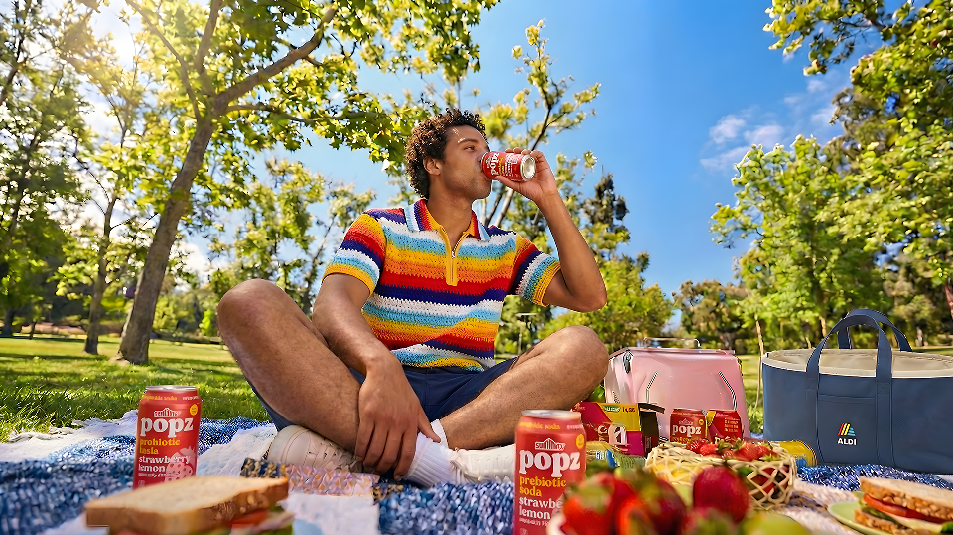 A young man sitting cross-legged on a picnic blanket outdoors, drinking from a can of strawberry flavored soda. He's wearing a colorful striped shirt and surrounded by picnic food and drinks in a park with green trees and blue sky.