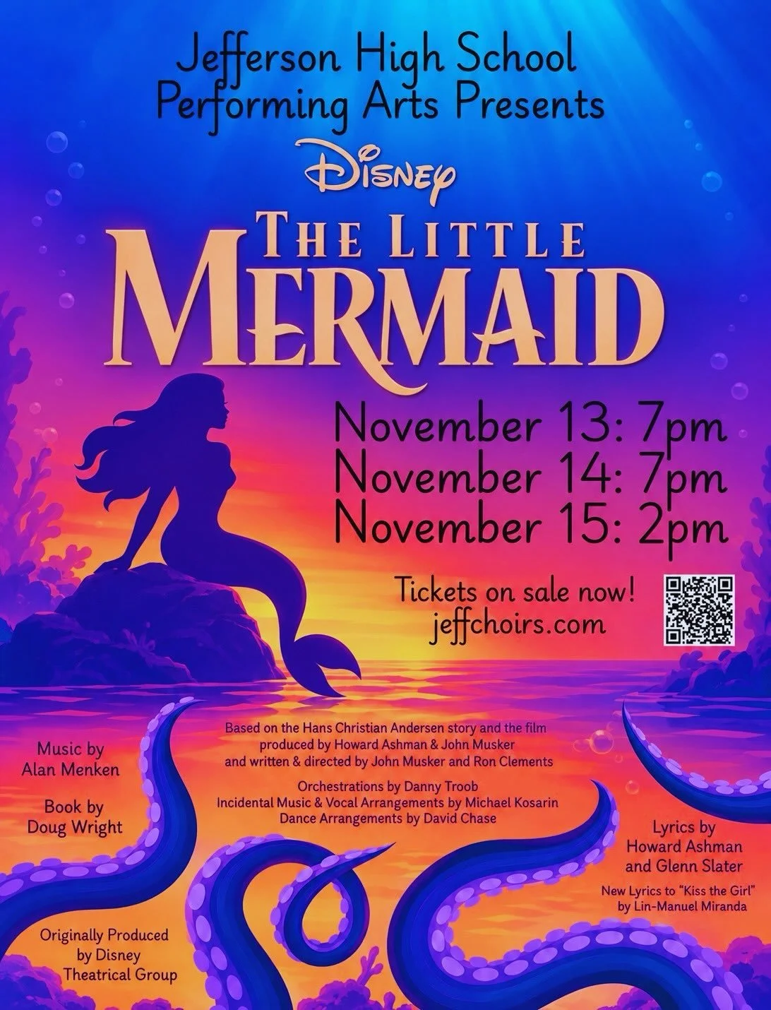 Under the sea and onto the stage!

Jeff Performing Arts Department is excited to present Disney&rsquo;s The Little Mermaid November 13th,14th and 15th.

Congratulations to our incredible cast! We can&rsquo;t wait to see you bring this magical story t