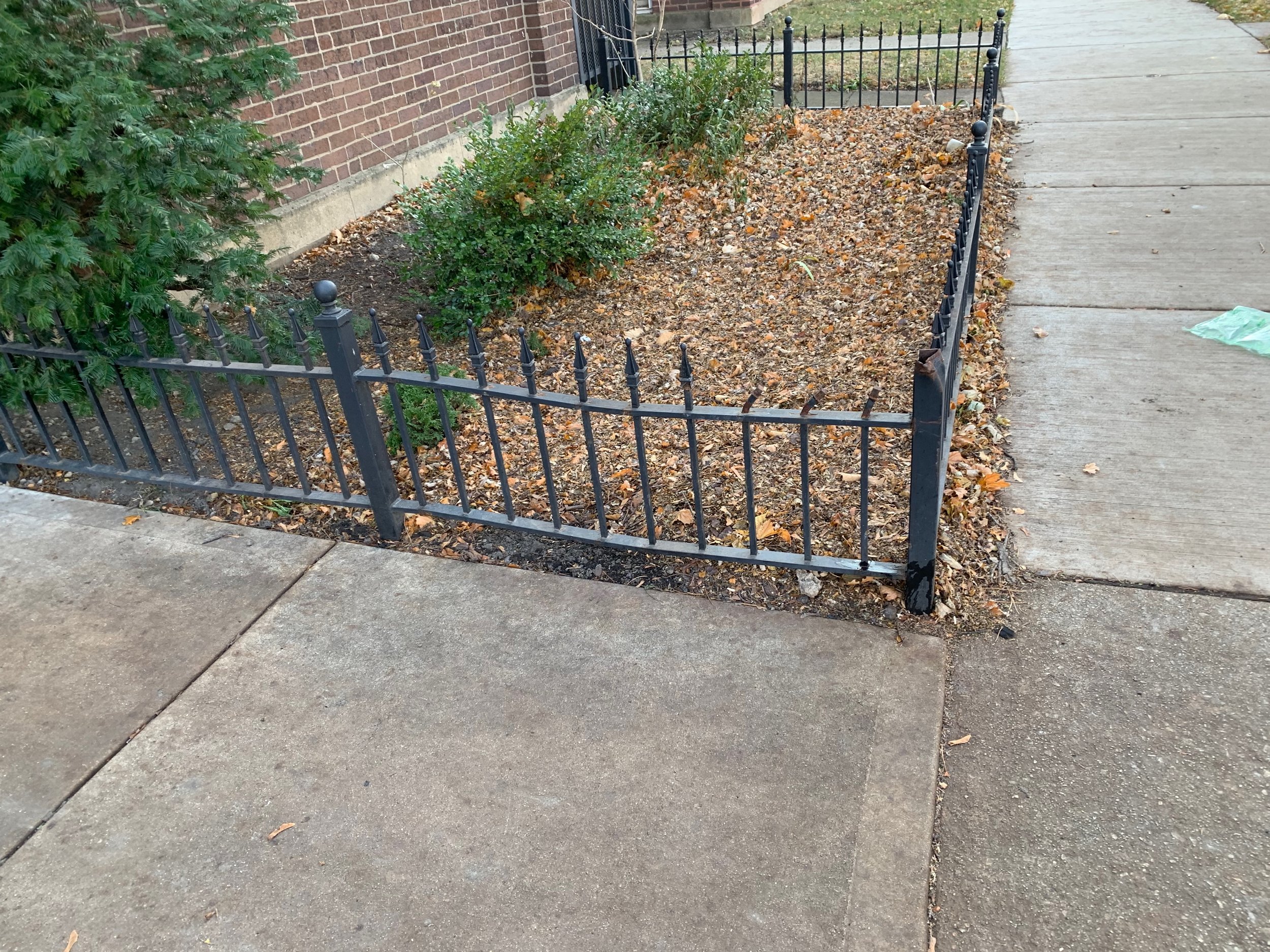A small section of a front yard garden bed with bushes and fallen leaves, enclosed by a black wrought iron fence, located next to a brick house and concrete sidewalk.