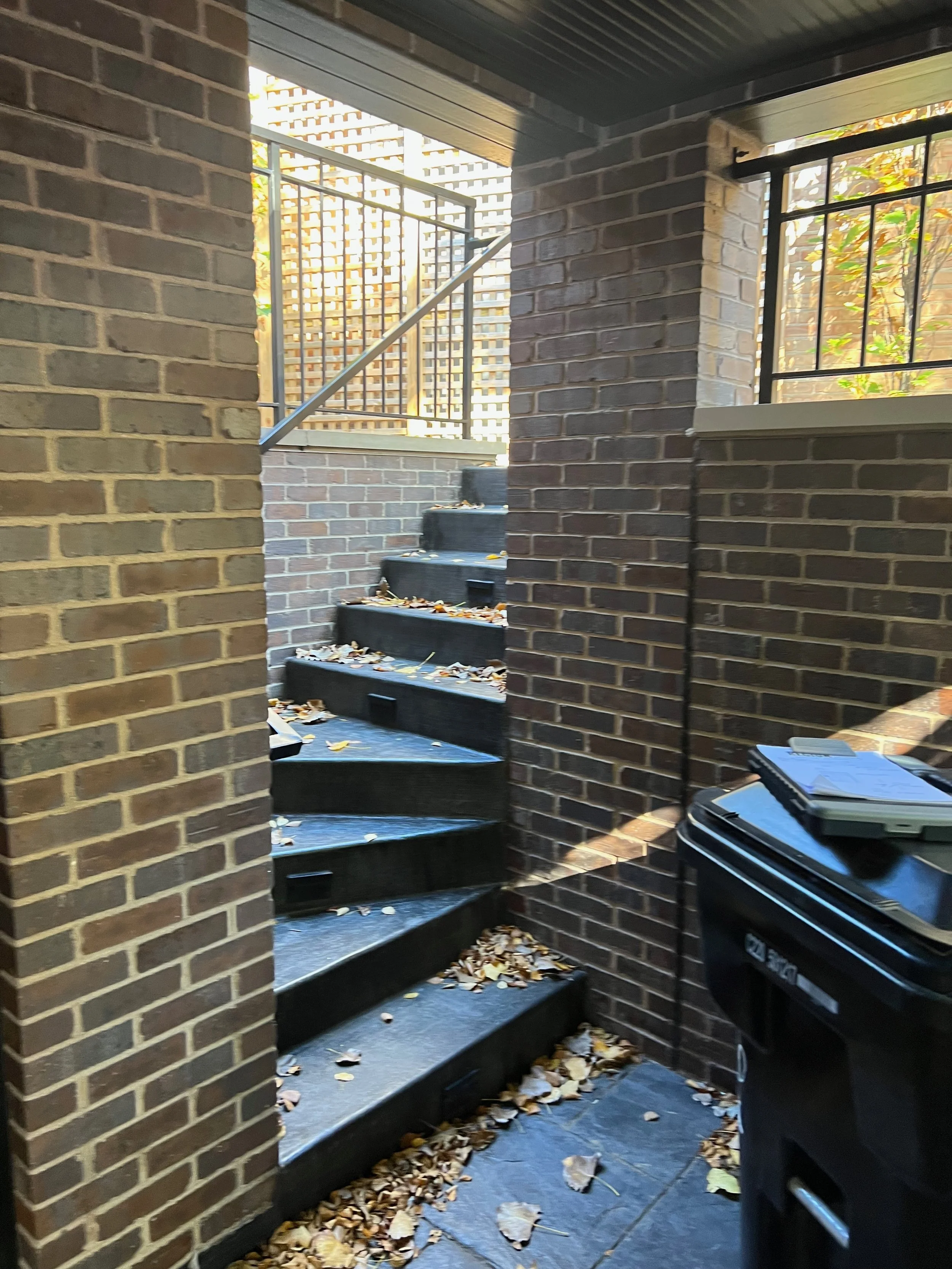 Outdoor brick staircase with fallen leaves on the steps, adjacent to a brick wall and metal railings, leading to a balcony. There are some outdoor plants visible through the railing.