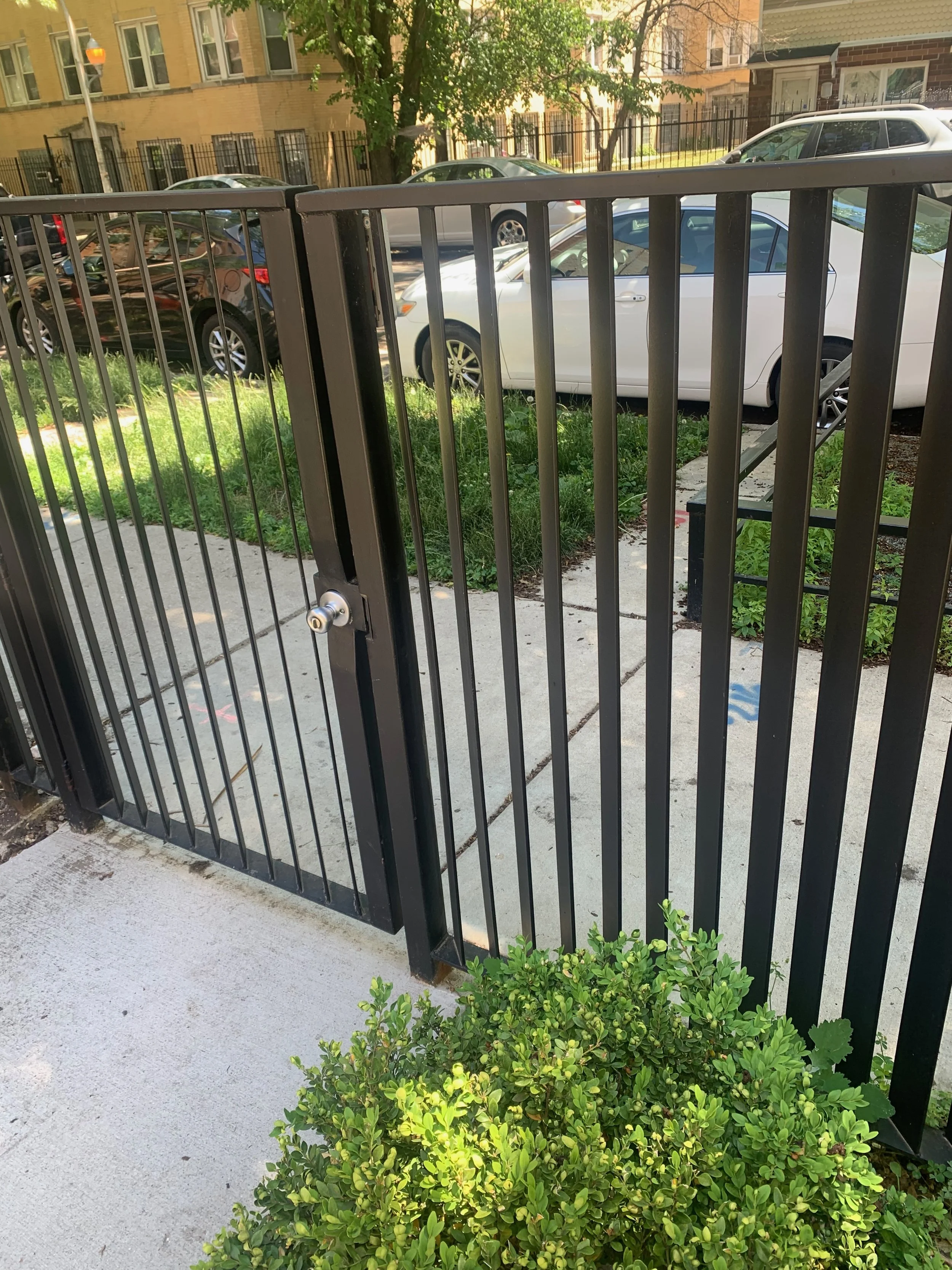 a black metal gate in front of a sidewalk with green bushes and an apartment building in the background, parked cars along the street, and a tree providing shade