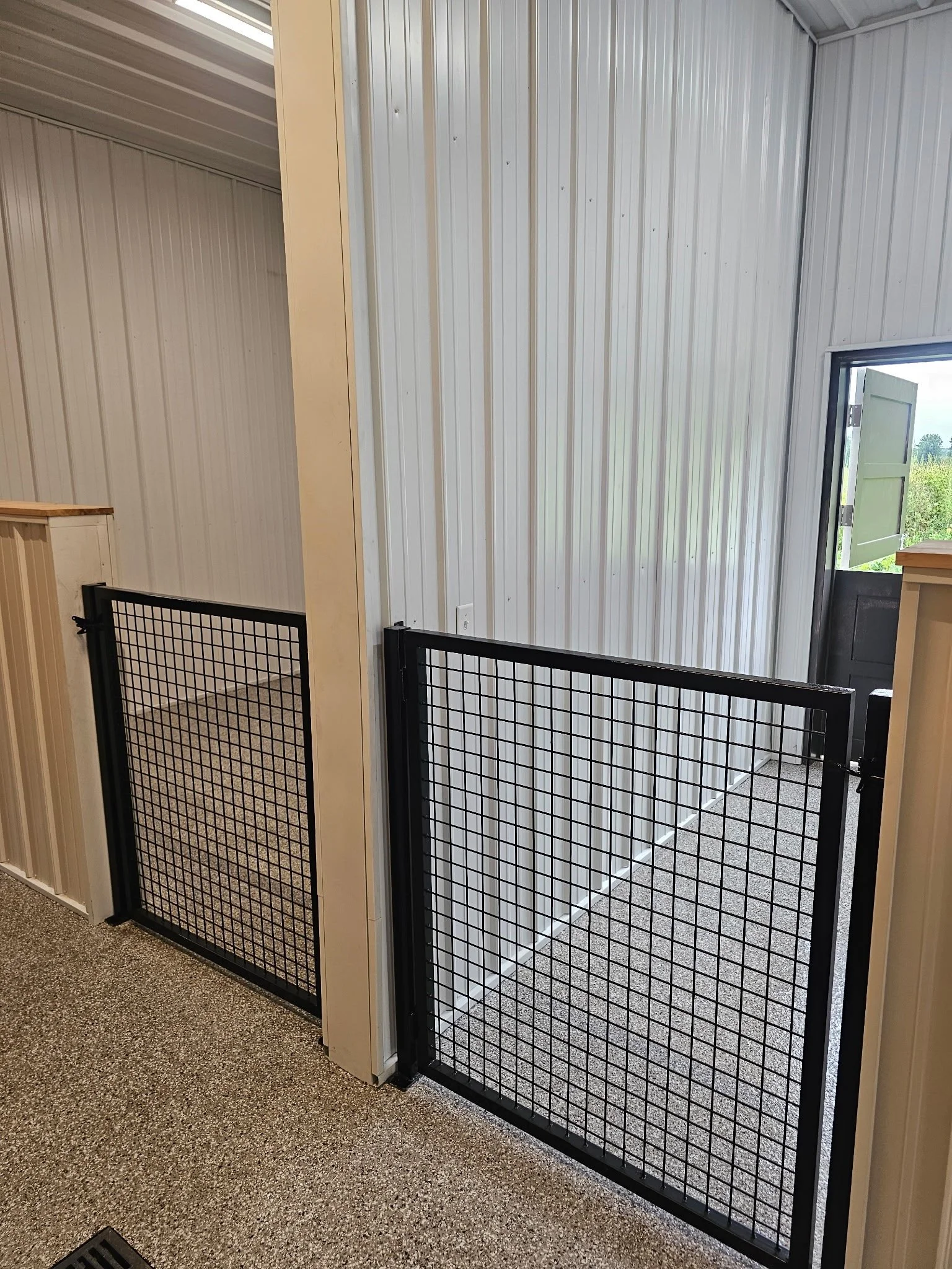 Two black metal pet gates installed in a room with white paneled walls and grey carpeted floor, near an open door with a view of outdoor greenery.