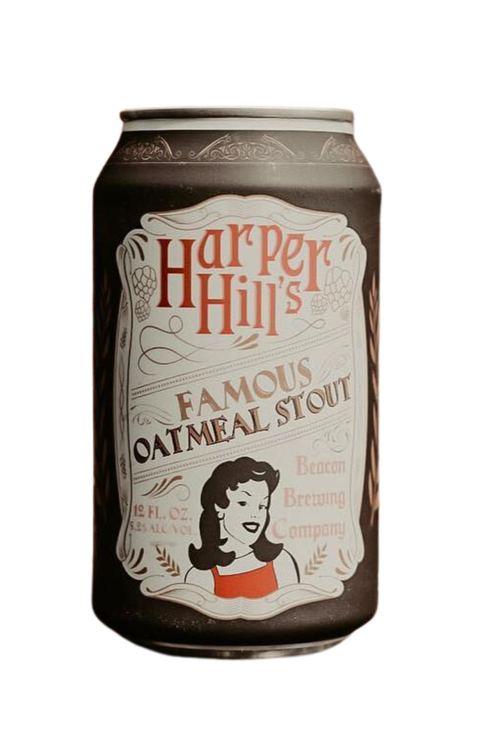 A can of Harpy Hill's FAMOUS OATMEAL STOUT with a vintage-style label, featuring a drawing of a woman with dark hair in a red top, and decorative text and illustrations.