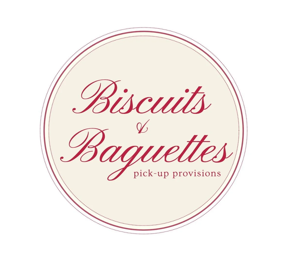 Logo for biscuits and baguettes, featuring a cream-colored circle with maroon text reading "Biscuits & Baguettes" and smaller text underneath that says "pick-up provisions".