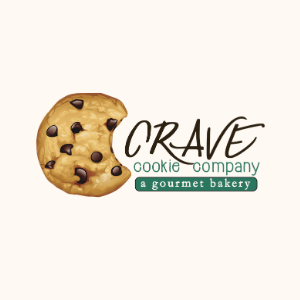 Logo for Crave Cookie Company featuring a chocolate chip cookie and the company name with the tagline 'a gourmet bakery'.