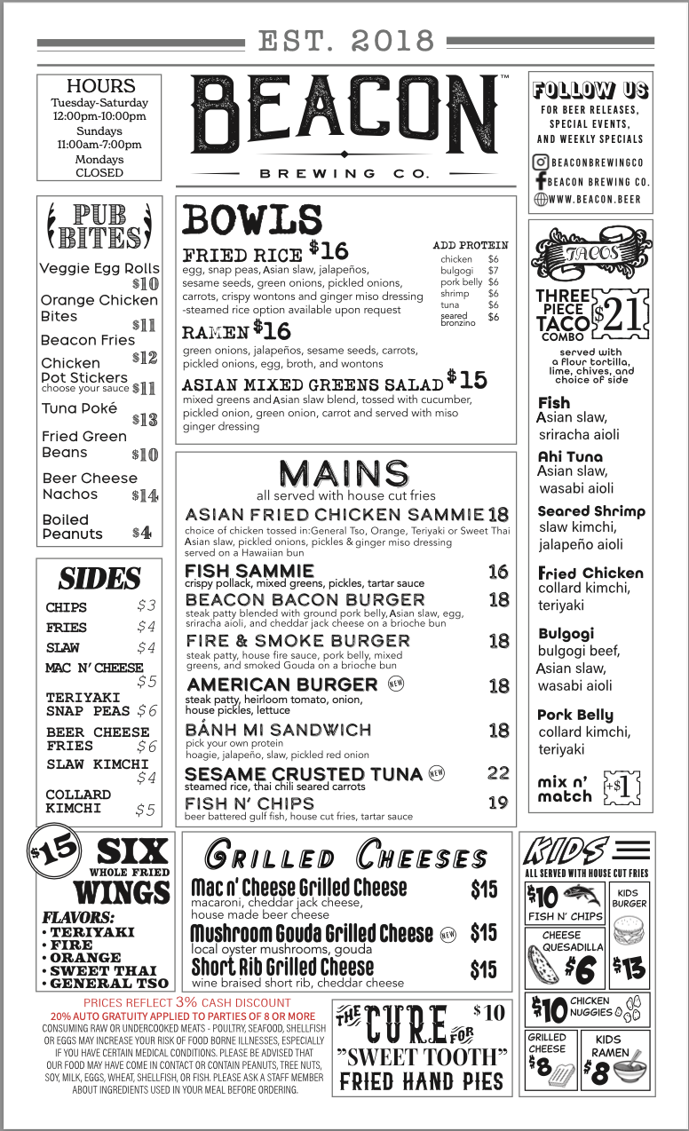 A restaurant menu for Beacon Brewing Co. with sections for bowls, mains, kids' meals, grilled cheeses, and desserts, featuring various food and drink options and prices.