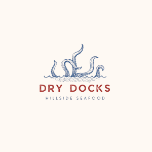 Logo for Dry Docks Hillside Seafood featuring stylized octopus tentacles above the text.