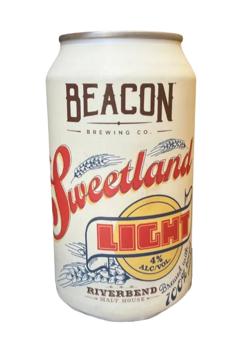 Can of Beacon Brewing Sweetland Light beer with 4% alcohol, Riverbend Malt House branding.
