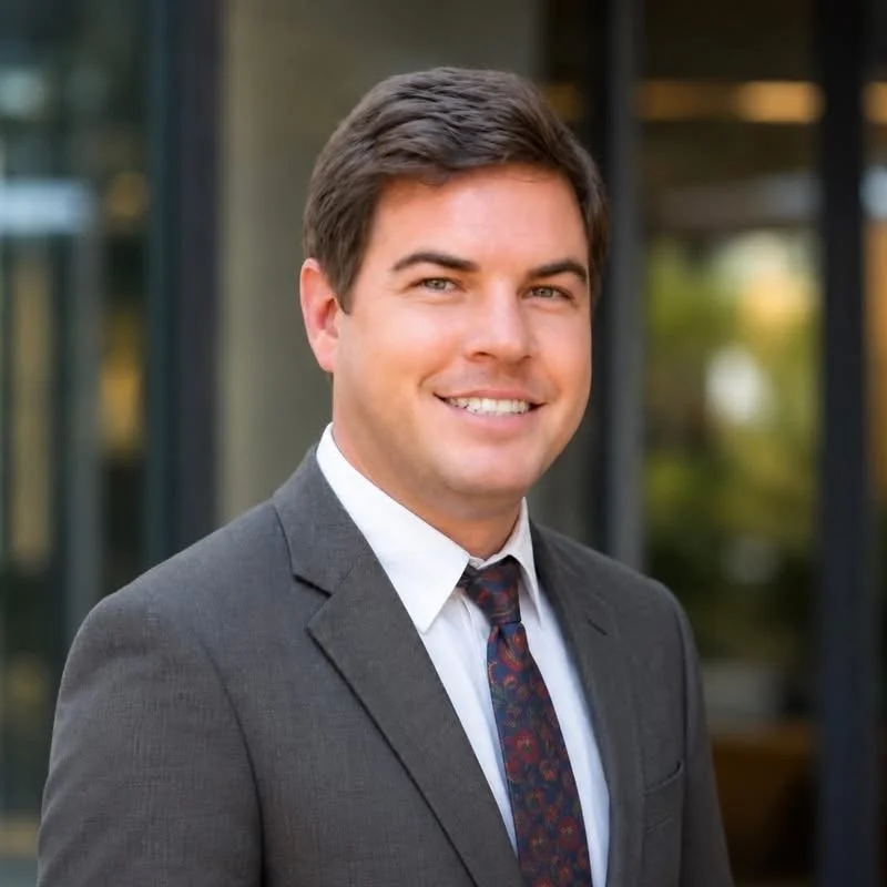 A man in a suit and tie smiling outdoors in front of windows.