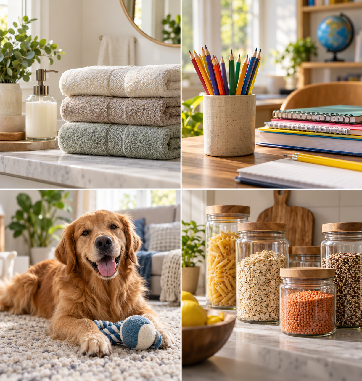 Everyday home, school, pet, and pantry products in four lifestyle scenes