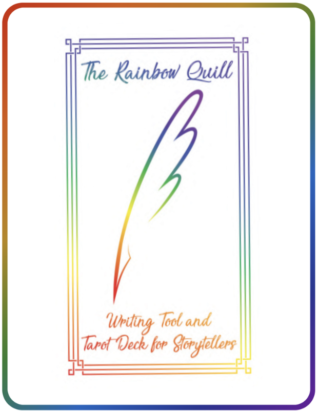 Cover of 'The Rainbow Quill,' a writing tool and tarot deck for storytellers, with a rainbow-colored feather and multicolored border.