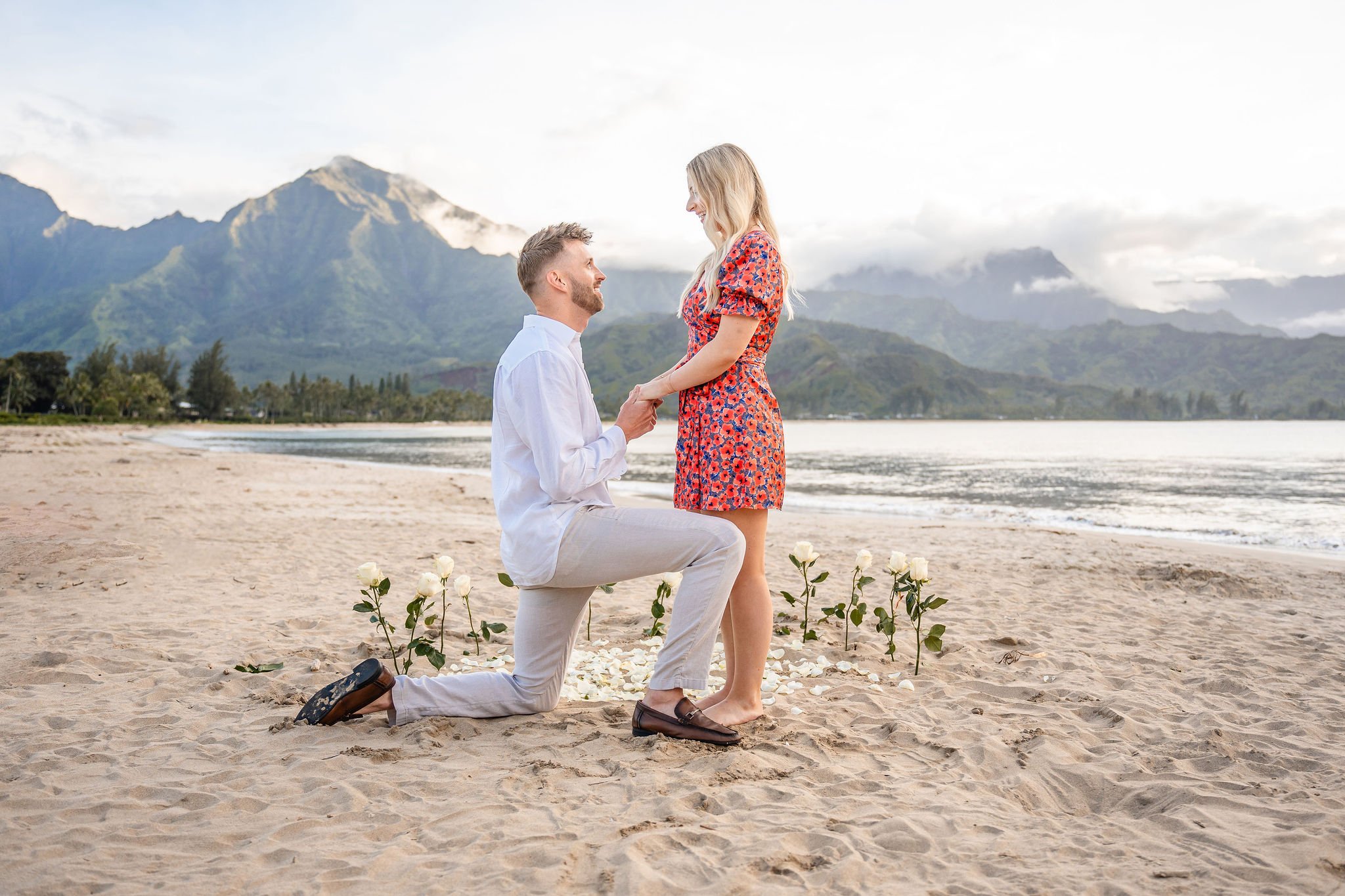 A man on one knee proposing to a woman on a beach with mountains in the background, surrounded by white roses.