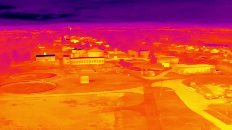 Infrared thermal image of a small town or city with various buildings, roads, and open spaces.