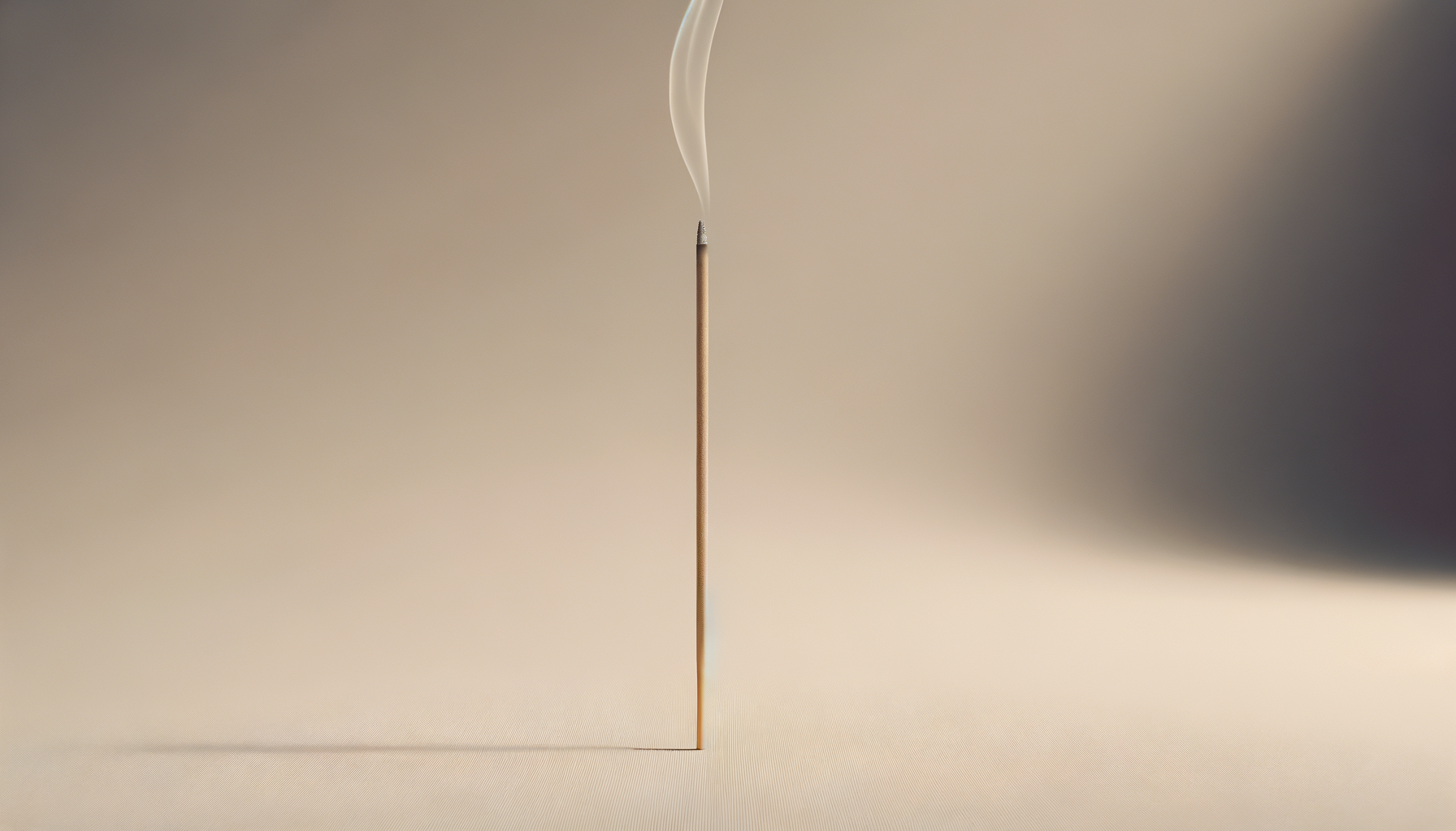 A wooden stick standing vertically on a neutral background with a thin trail of smoke rising from its tip.
