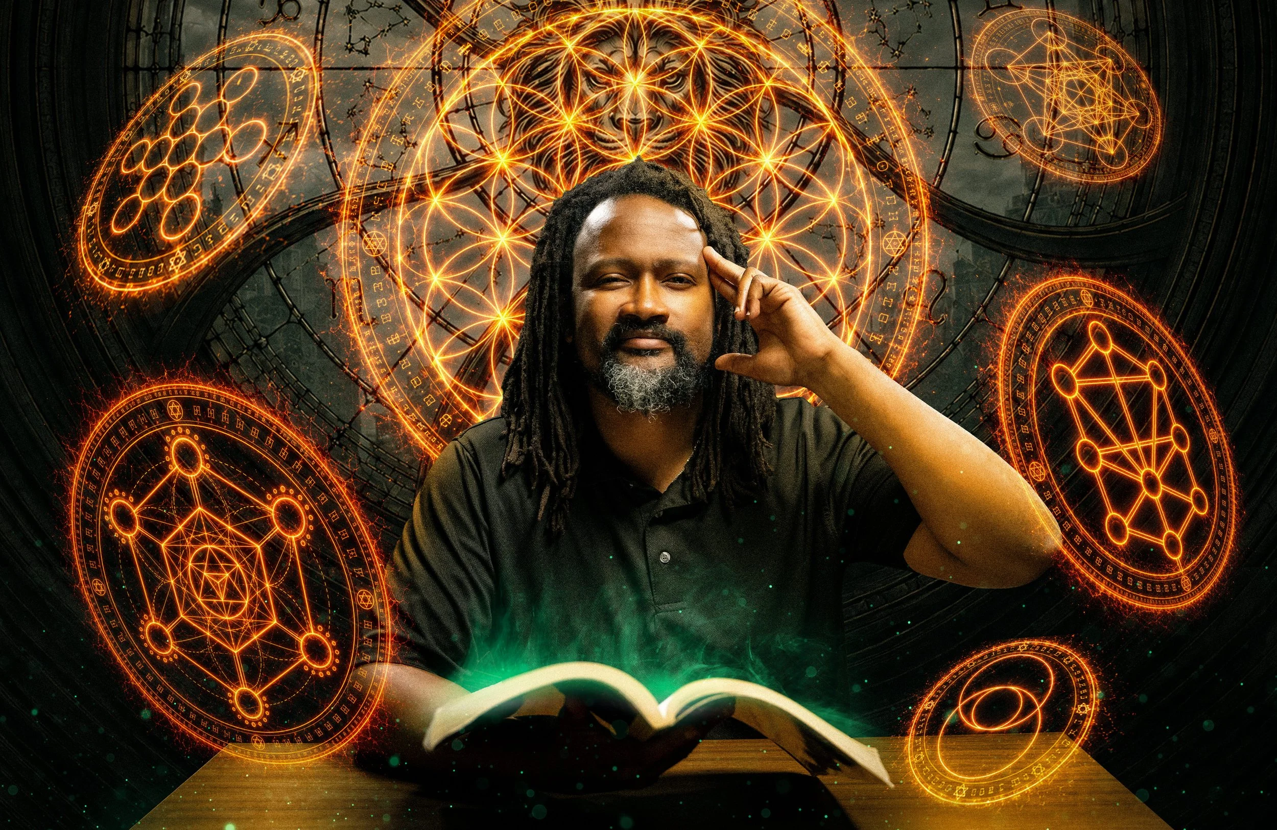 A man with dreadlocks and a gray beard is sitting at a wooden table with an open book in front of him. He is touching his temple with one hand and has a thoughtful expression. Behind him, there are glowing orange mystical symbols and geometric patterns, including mandalas and interconnected circles, projected in a digital, futuristic style giving a sense of enlightenment or supernatural knowledge.
