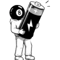 A cartoon character with an 8-ball for a head holding a large battery